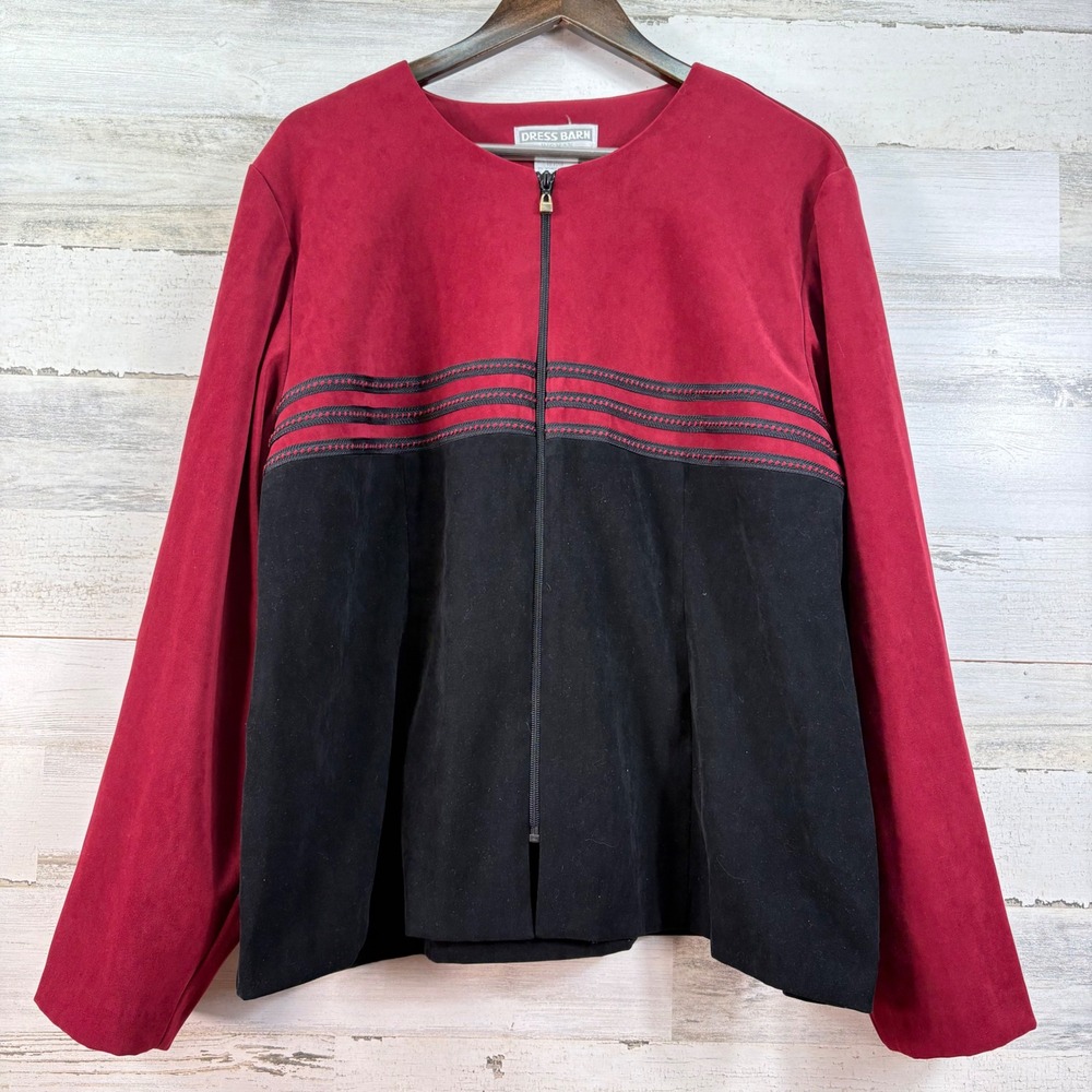 Dress Barn Woman Red Black Colorblock Faux Suede Zip Front Jacket 20W Plus Size